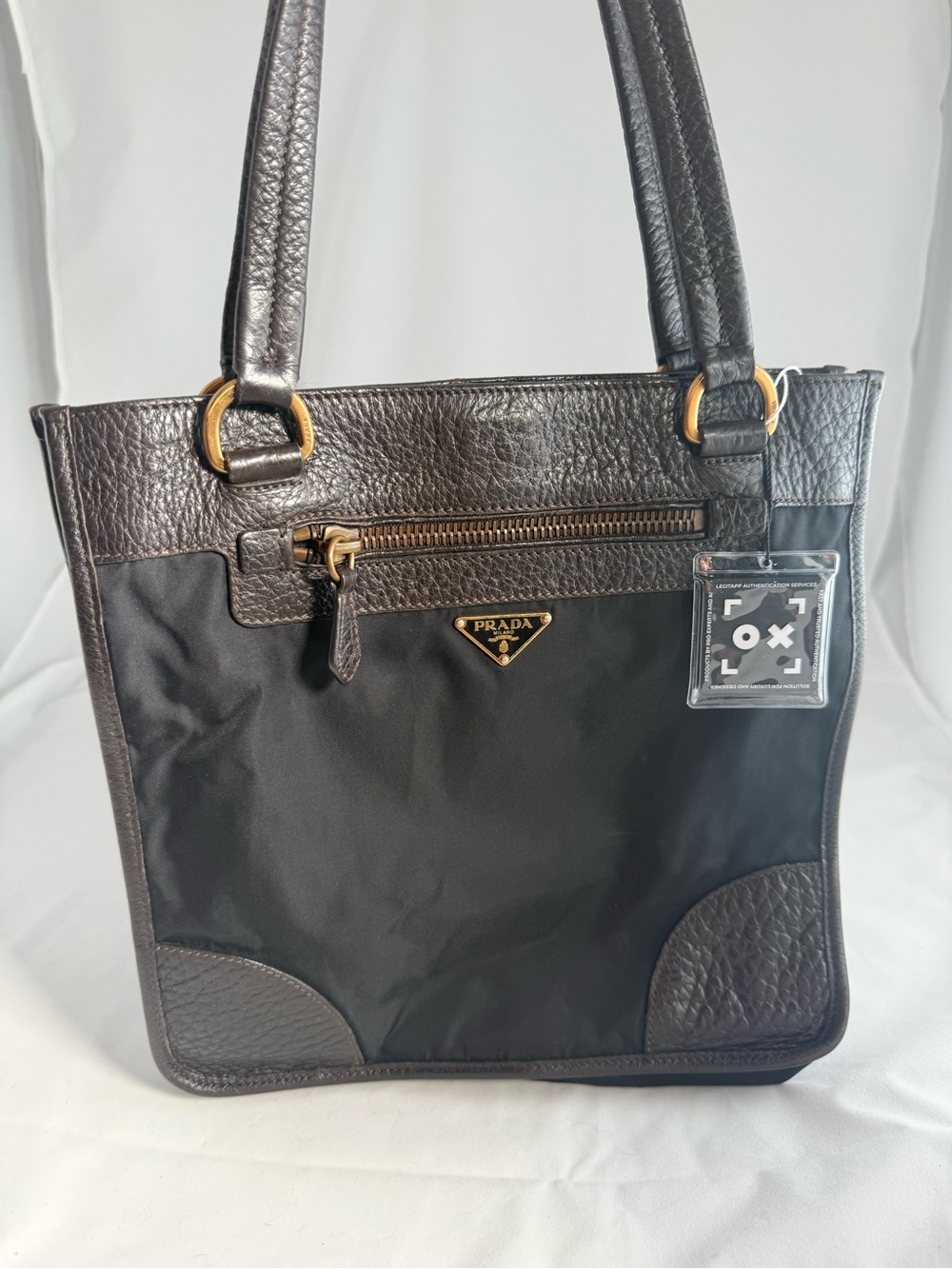 Prada Black Nylon and Brown Leather Shoulder Bag - Picture 1 of 11